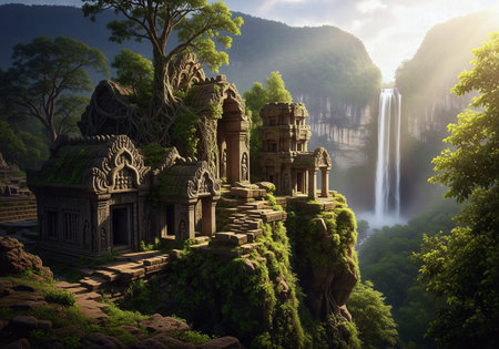 Ancient temple ruins with overgrown foliage on a cliff overlooking a lush waterfall in the jungleの素材
