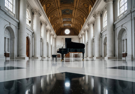 Black grand piano in a magnificent classical hall with marble floors and columnsの素材