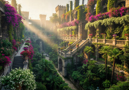 Beautiful ancient castle covered in lush bougainvillea flowers and green foliage bathed in sunlightの素材