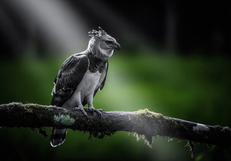 Majestic Harpy Eagle perched on a mossy branch, with a black and white effect on the birdの素材