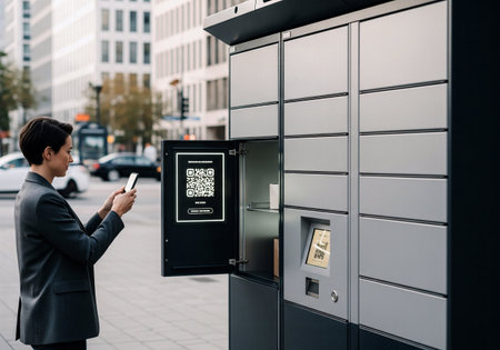 A woman using a smartphone to scan a QR code on an automated parcel lockerの素材