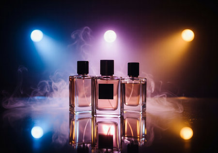 Perfume bottles on dark toned foggy background. Artwork decoration. Selective focusの素材
