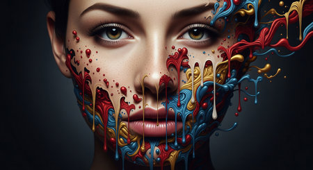 Creative portrait of a woman's face with colorful paint dripping and splattering on her skinの素材