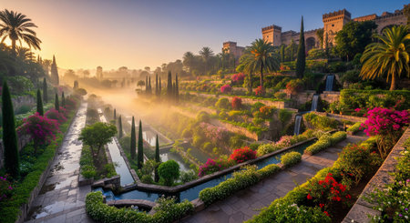 Beautiful Terraced Gardens with Lush Greenery, Waterfalls and a Historic Palace at Sunrise with a Gentle Mistの素材