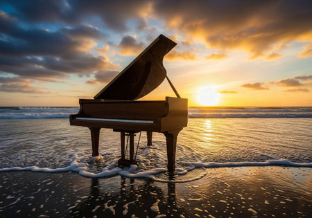 A Grand Piano Placed on the Beach Shore, Surrounded by Foaming Waves Under a Beautiful Sunset Skyの素材
