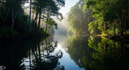 A Calm River Reflecting the Lush Green Forest and Morning Fog, a Serene and Peaceful Natural Landscapeの素材