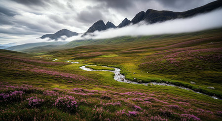 A scenic stream winding through a valley of purple heather with dramatic mountains and low clouds in Scotlandの素材