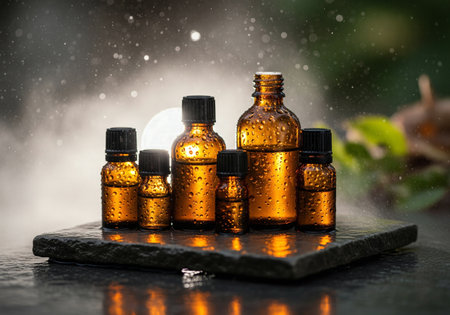 A collection of small amber glass bottles on a wet, textured stone surfaceの素材