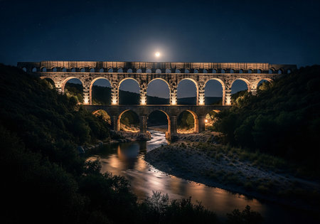 A historic Roman aqueduct under a starry night sky with a full moon, reflecting in the river belowの素材