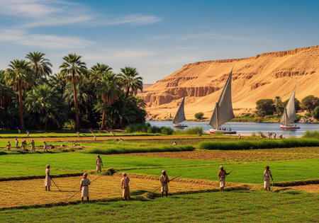 Scenic view of traditional sailboats on the Nile River with green fields and desert hillsの素材