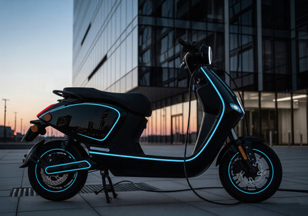Electric moped scooter with glowing blue lights charging at night in a city streetの素材