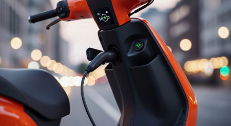 Close-up of a Modern Electric Scooter Charging at a Station on a City Street, Representing Urban Mobilityの素材