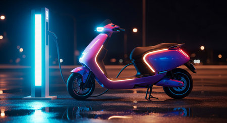 Electric moped scooter with neon lights charging at a glowing station at nightの素材