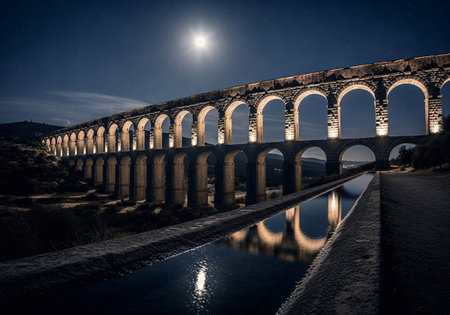 Full moon and starry sky over an illuminated Roman aqueduct with its reflection in a water channelの素材