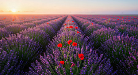Vast Fields of Purple Lavender with Rows of Red Poppies at a Misty Sunrise, a Breathtaking Rural Landscapeの素材
