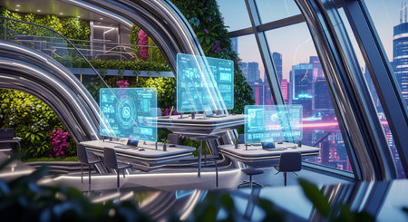 Modern futuristic office interior with holographic displays, lush green walls, and a stunning city skyline viewの素材
