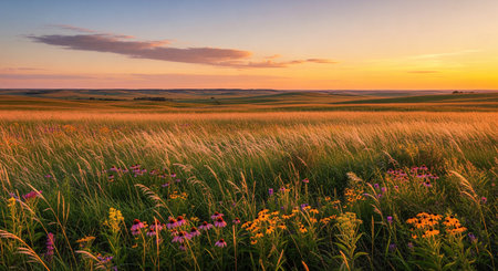 Vast prairie field with tall grasses and wildflowers in bloom under a sunset skyの素材