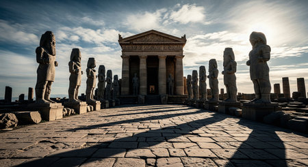Ancient temple ruins at sunset with a row of weathered stone statues and long shadows cast on the paved groundの素材