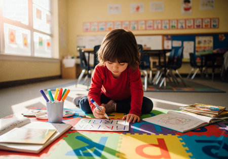 Young child sitting on the floor in a brightly lit classroom, writing on a paper with colorful markersの素材