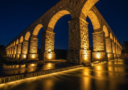 Illuminated ancient Roman aqueduct at night with a stream flowing underneath and reflecting the lightの素材