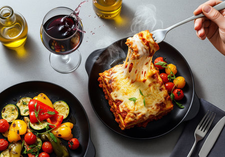 Delicious cheesy lasagna being served with a fork, accompanied by a side of roasted vegetables and a glass of red wineの素材