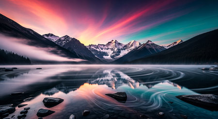 Majestic mountain lake at sunrise with a vibrant, colorful sky and reflections on the misty waterの素材