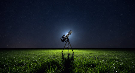 A telescope on a tripod in a lush, green grassy field under a brilliant starry night skyの素材