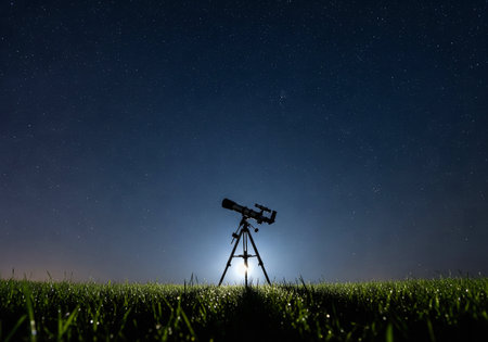 A telescope on a tripod in a wet, dewy grassy field under a brilliant starry night skyの素材