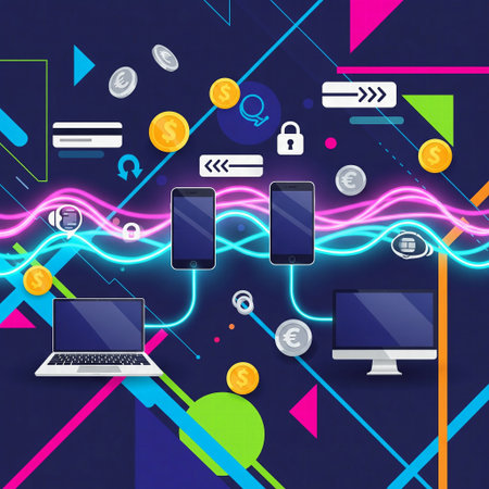 Digital money transfer illustration with devices, coins, and credit cards connected by secure data lines on a dark blue backgroundの素材