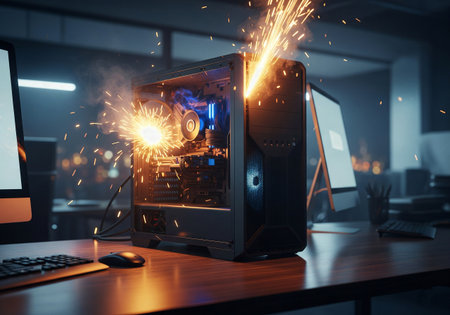 Computer tower with a dramatic electrical short circuit and sparks flying in an office environmentの素材