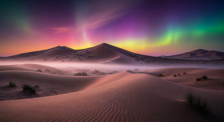 Spectacular night sky over a sand dune with the northern lights and a sky full of starsの素材