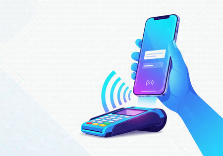 Contactless payment with a smartphone and POS terminal, showcasing modern financial technology and convenienceの素材