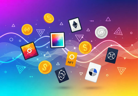 Abstract digital art with floating NFTs and cryptocurrency symbols on a vibrant gradient background, representing digital finance and creative assetsの素材