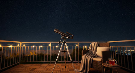 A peaceful night scene with a telescope on a balcony under a starry sky, perfect for astronomy and relaxation conceptsの素材