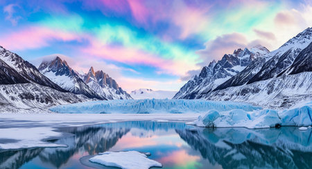 Dramatic landscape of a massive glacier surrounded by snow-capped mountains and a lake with a vibrant, colorful skyの素材