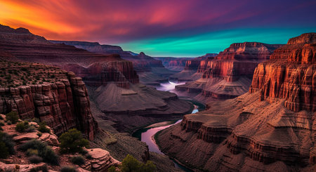 The Grand Canyon at sunset with a winding river and dramatic, colorful clouds in the skyの素材