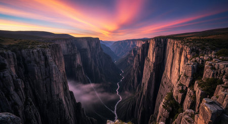 Dramatic sunset over a vast canyon with a winding river and steep, rocky cliffsの素材