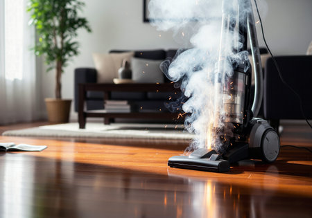 Vacuum Cleaner Malfunction, Sparks and Smoke Coming from the Appliance in a Living Roomの素材