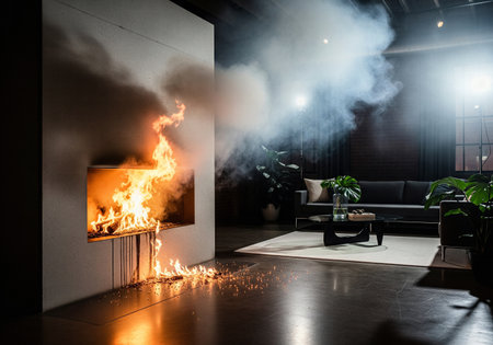 A Modern Fireplace with Flames and Embers Spilling out onto the Floor, Causing a Fire Hazardの素材