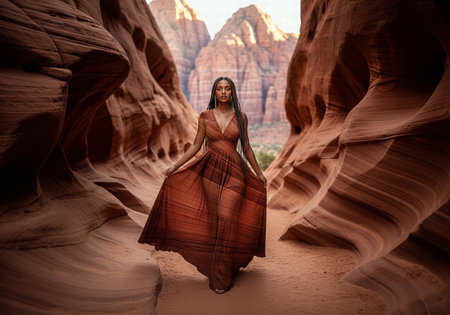 A beautiful woman in a red-brown dress with a flowing skirt stands elegantly in a stunning red rock canyon at sunsetの素材