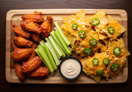 Assortment of classic fried appetizers including buffalo chicken wings, nachos, and a ranch dipping sauceの素材