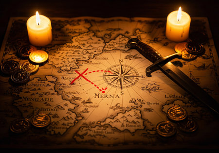 A close-up of a vintage treasure map with a compass and a red marked path surrounded by gold coinsの素材