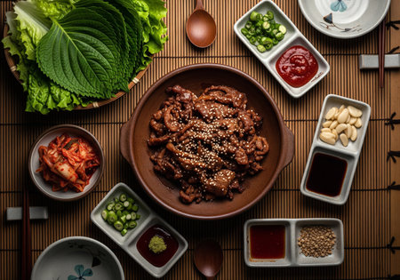 Traditional Korean bulgogi meal with marinated meat, side dishes, and fresh vegetables for wrapsの素材