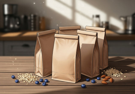 Hand-Drawn Illustration of Plain Paper Bags with Oats and Blueberries on a Wooden Tableの素材