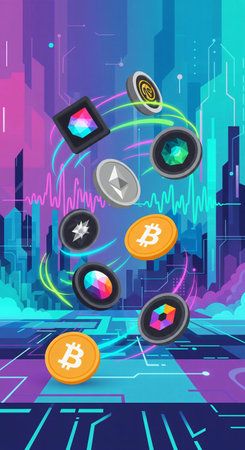 Crypto coins and tokens floating in a futuristic cityscape with blockchain linesの素材