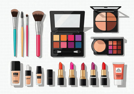 Collection of colorful makeup products and brushes laid out on a white backgroundの素材