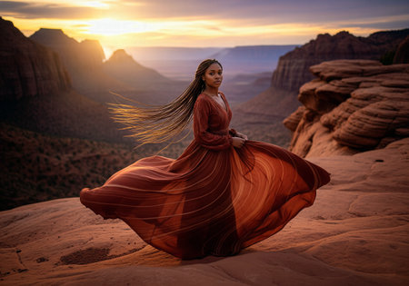Woman in a flowing dress spinning in a beautiful desert canyon at golden hourの素材