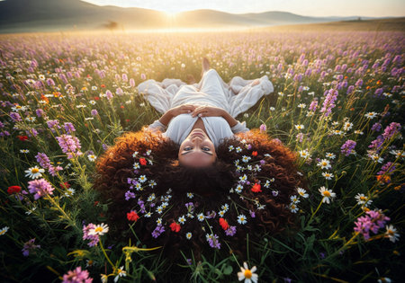 A beautiful woman with lush curly hair lies in a field of wildflowers during a peaceful sunset and sunriseの素材