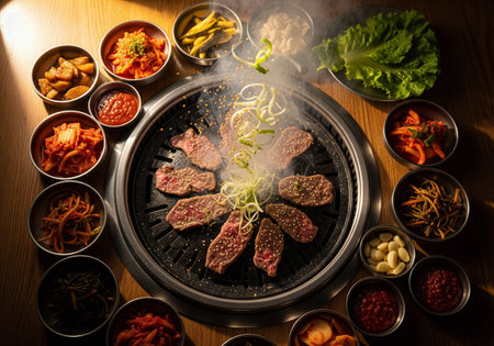 Delicious sizzling Korean barbecue beef on a hot grill surrounded by a variety of banchanの素材