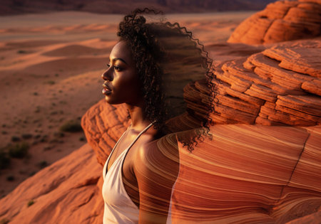 Double exposure profile portrait of a beautiful woman blended with a red rock canyon landscape at sunsetの素材